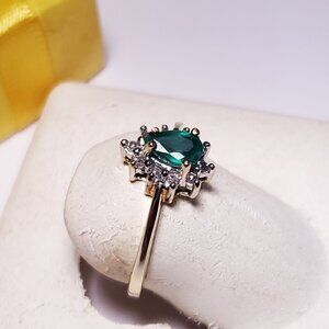 Estate .55ctw Natural Pear Emerald A+ and Round Diamond Halo 10Kt YG Ring #22659